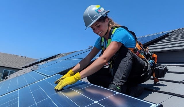 femme installe des panneaux solaires